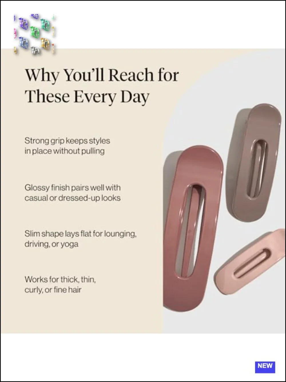 Flat Claw Clips for Strong Grip - Durable Plastic Glossy Finish Lay Down Claw